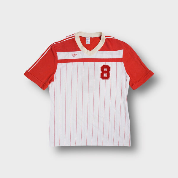 Adidas short sleeve white and red shirt with pinstripes and number 8 print