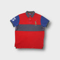 Red Polo Ralph Lauren shirt with large embroidered pony logo and blue sleeves
