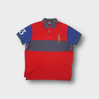 Red Polo Ralph Lauren shirt with large embroidered pony logo and blue sleeves
