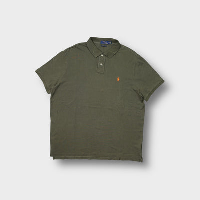 Ralph Lauren polo shirt in khaki featuring an orange embroidered pony on the chest