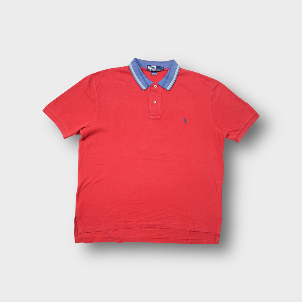 Red Ralph Lauren polo shirt with blue tipped collar and blue embroidered logo