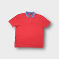 Red Ralph Lauren polo shirt with blue tipped collar and blue embroidered logo