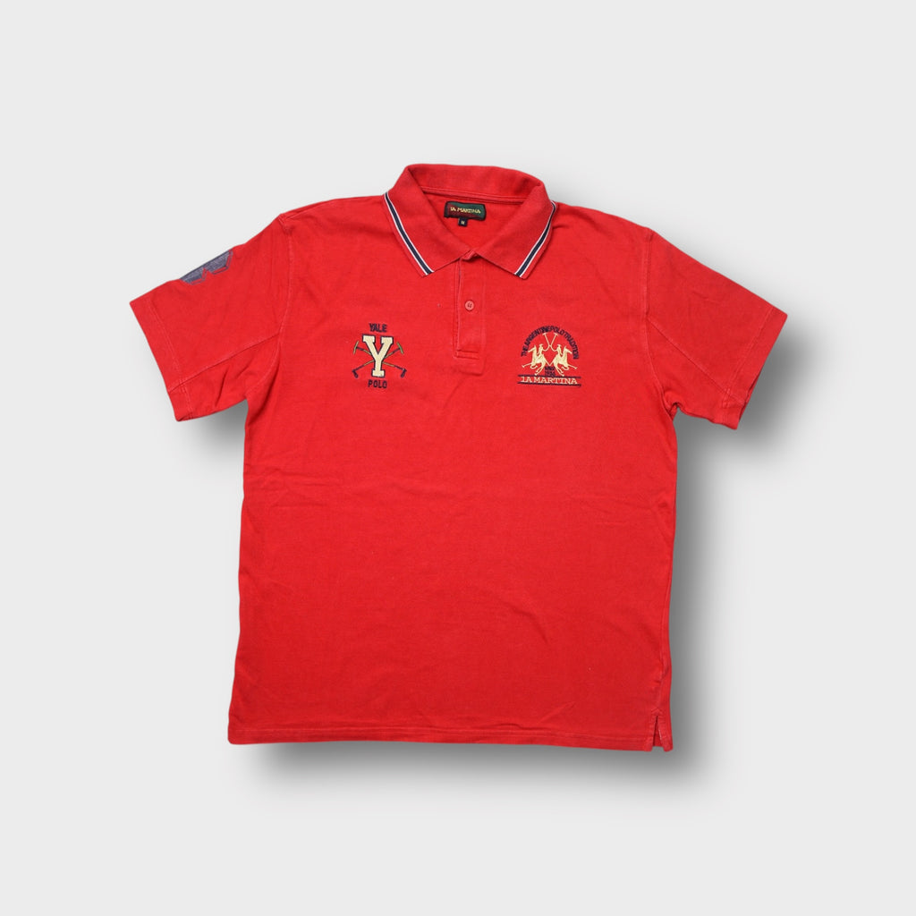 La Martina polo shirt in red featuring embroidered Yale Polo chest motifs and striped collar trim