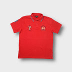La Martina polo shirt in red featuring embroidered Yale Polo chest motifs and striped collar trim