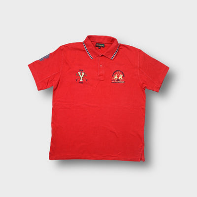 La Martina polo shirt in red featuring embroidered Yale Polo chest motifs and striped collar trim