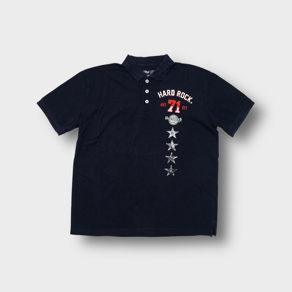 Hard Rock Cafe polo shirt in black with vertical chest print and Marbella back text