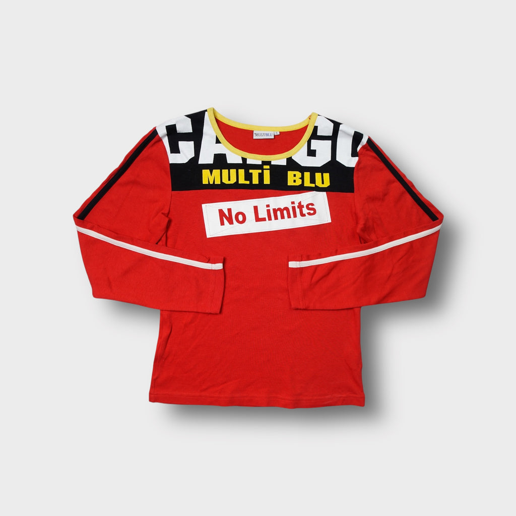 Multiblu long-sleeve sweater in red with a No Limits chest print and yellow neckline.