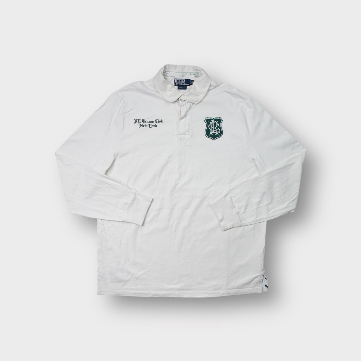 White Ralph Lauren long-sleeve polo sweater with RL Tennis Club New York embroidery and chest patch