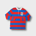 Tommy Hilfiger red and blue striped rugby sweater with white collar and number six patch