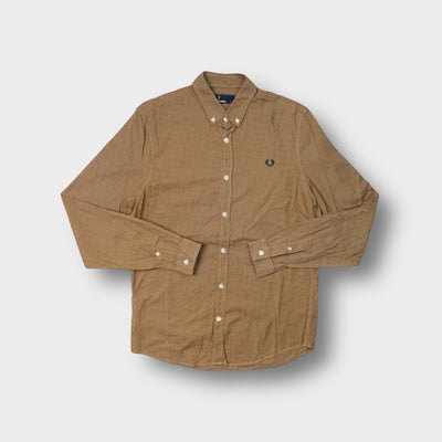 Fred Perry long-sleeve shirt in beige houndstooth with embroidered Laurel Wreath logo.