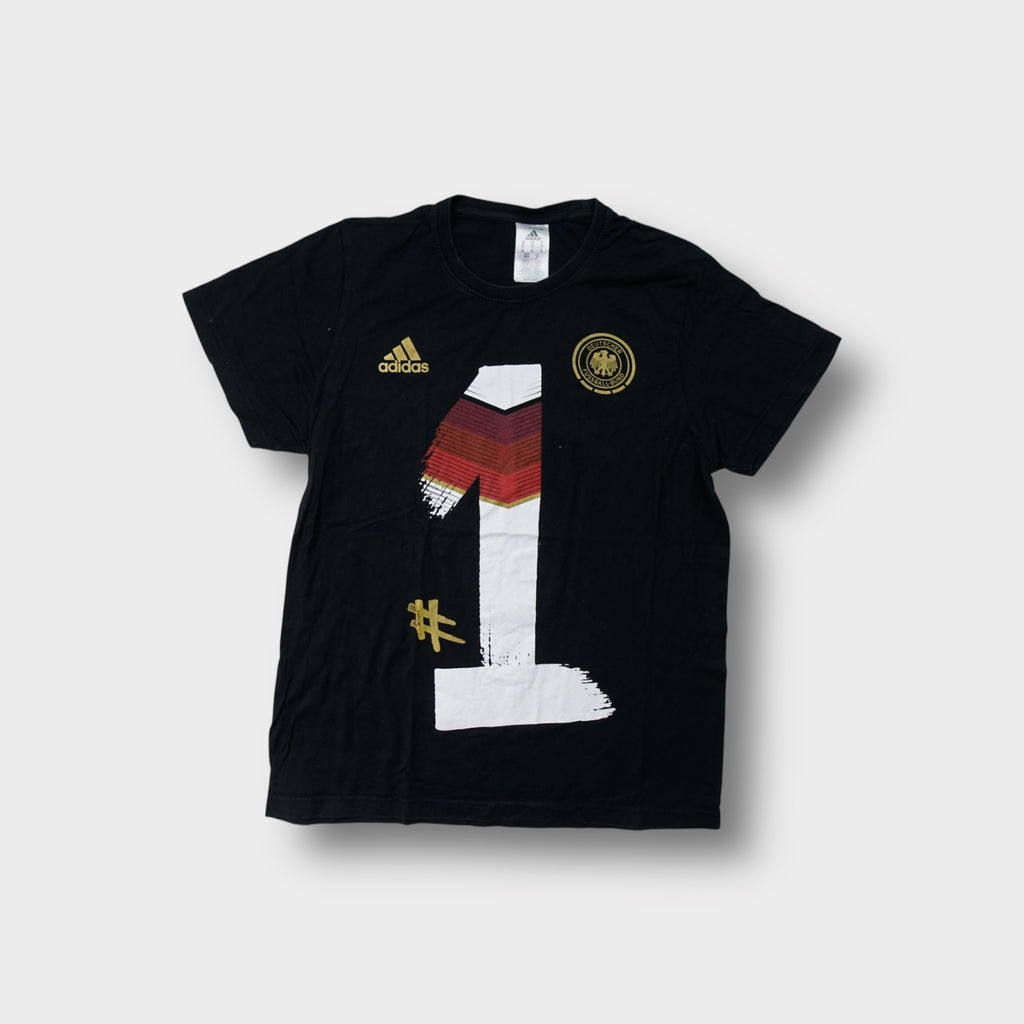 Black Adidas DFB T-Shirt featuring a gold logo and Deutscher Fußball-Bund crest