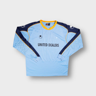 Uhlsport blue goalkeeper jersey with padded elbows and United Dealers print
