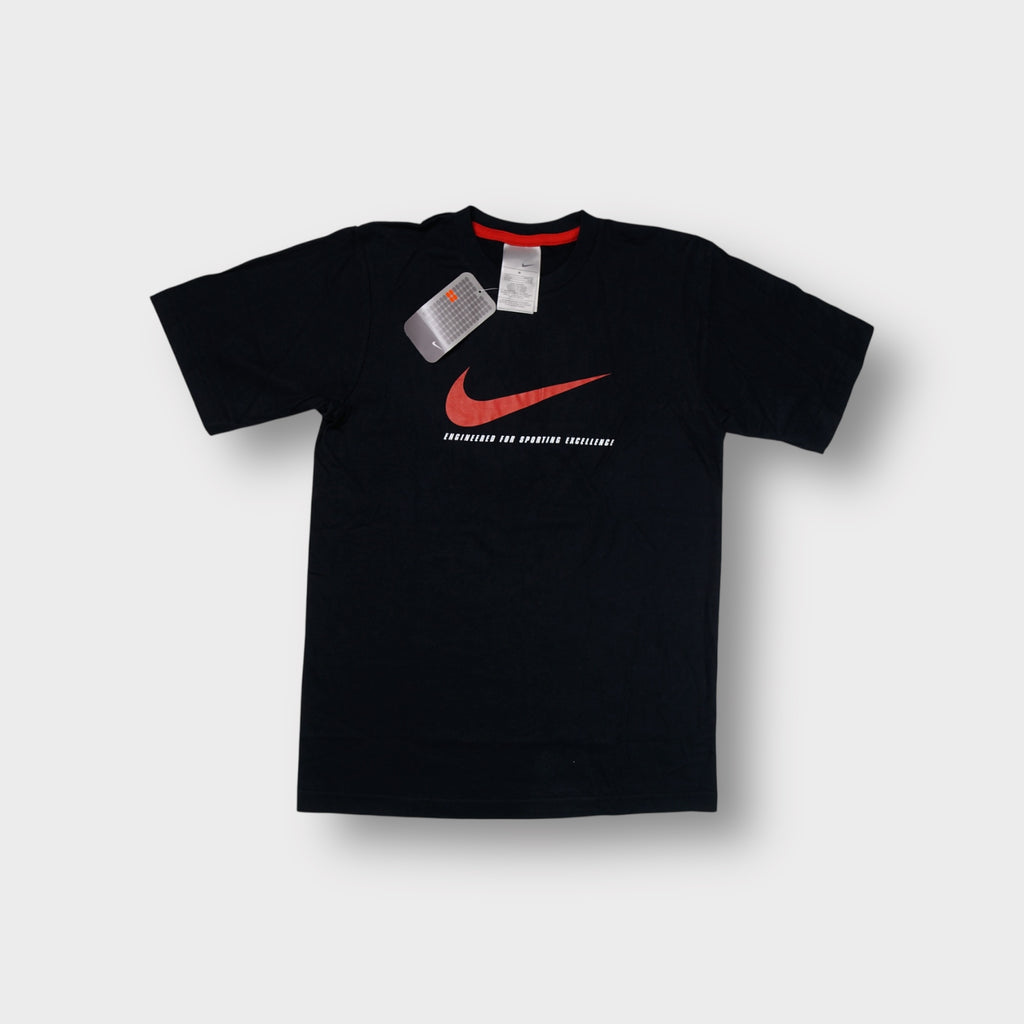 Black Nike T-Shirt featuring a large orange swoosh front print with original tags attached
