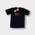 Black Nike T-Shirt featuring a large orange swoosh front print with original tags attached