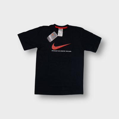 Black Nike T-Shirt featuring a large orange swoosh front print with original tags attached