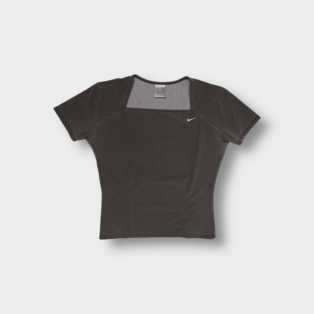 Nike brown short-sleeve T-Shirt featuring a square neck and small swoosh logo on the chest