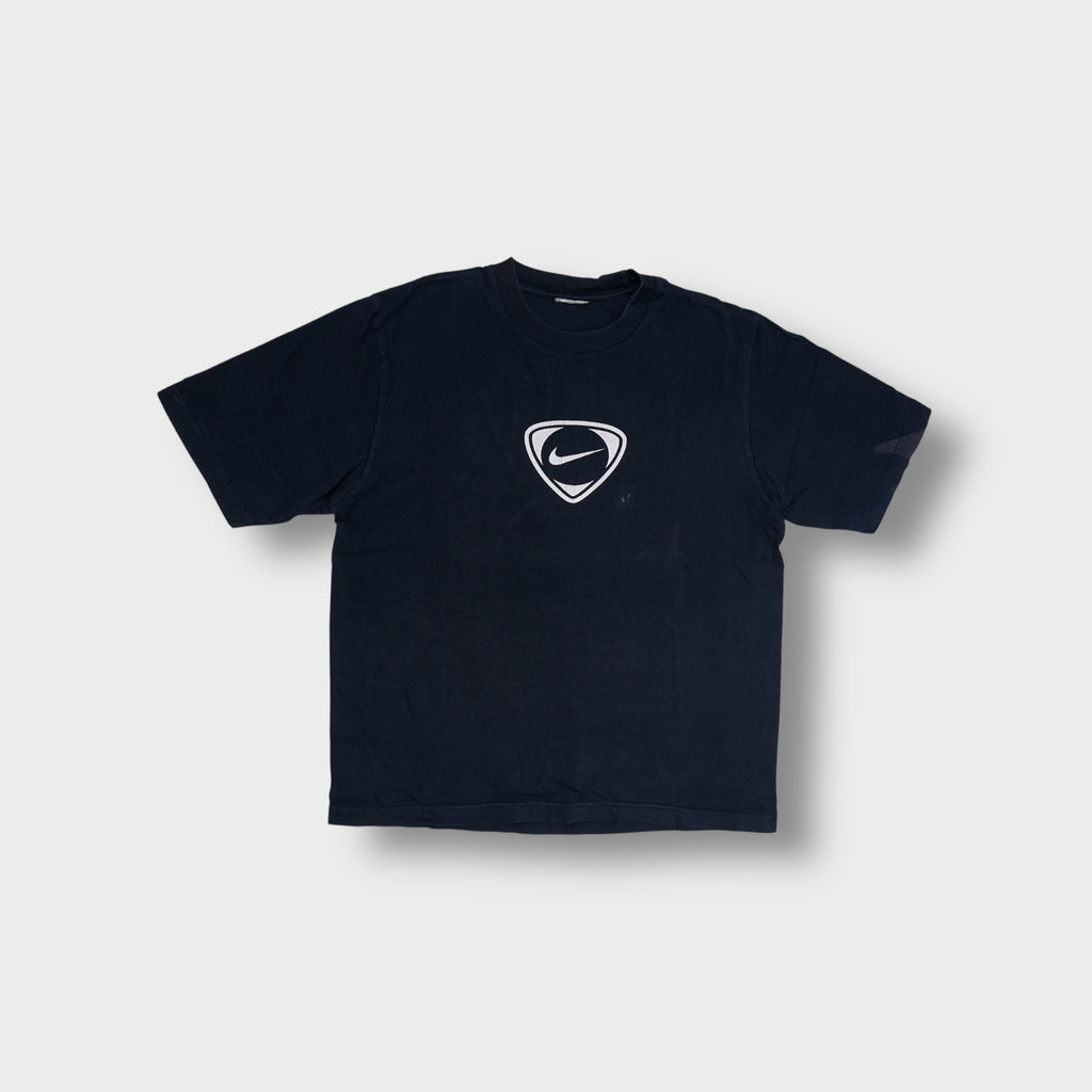 Nike navy blue short-sleeve T-Shirt with a white shield swoosh logo on the chest