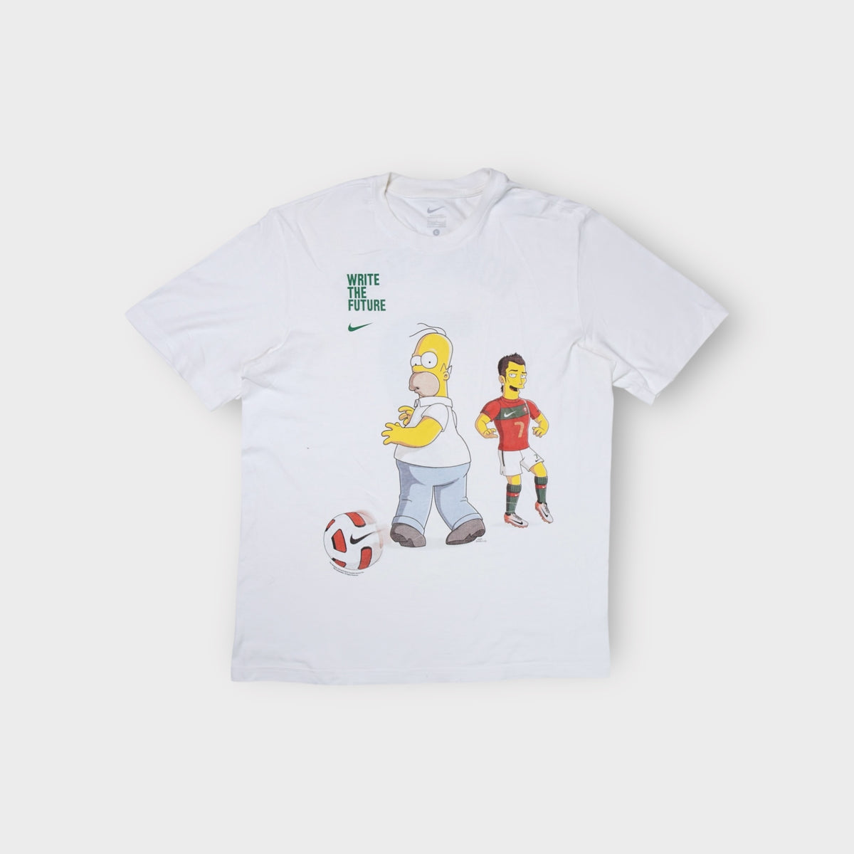 White Nike T-Shirt featuring a Homer Simpson and Cristiano Ronaldo graphic print