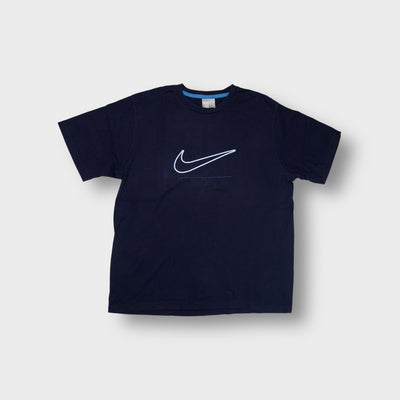 Nike T-Shirt in navy blue featuring a light blue outlined Swoosh logo across the chest.