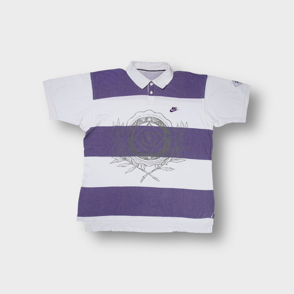 Nike polo shirt in white and purple with broad stripes and front graphic print