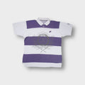 Nike polo shirt in white and purple with broad stripes and front graphic print