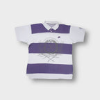 Nike polo shirt in white and purple with broad stripes and front graphic print