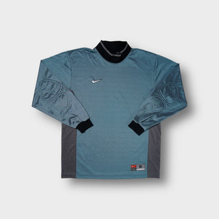Nike goalkeeper jersey in green and blue with elbow padding and embroidered Swoosh