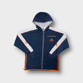 Navy blue Adidas hooded track jacket with orange embroidered logo and white sleeve panels