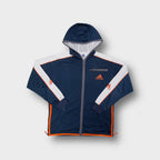 Navy blue Adidas hooded track jacket with orange embroidered logo and white sleeve panels