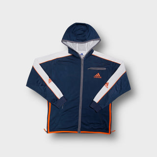 Navy blue Adidas hooded track jacket with orange embroidered logo and white sleeve panels