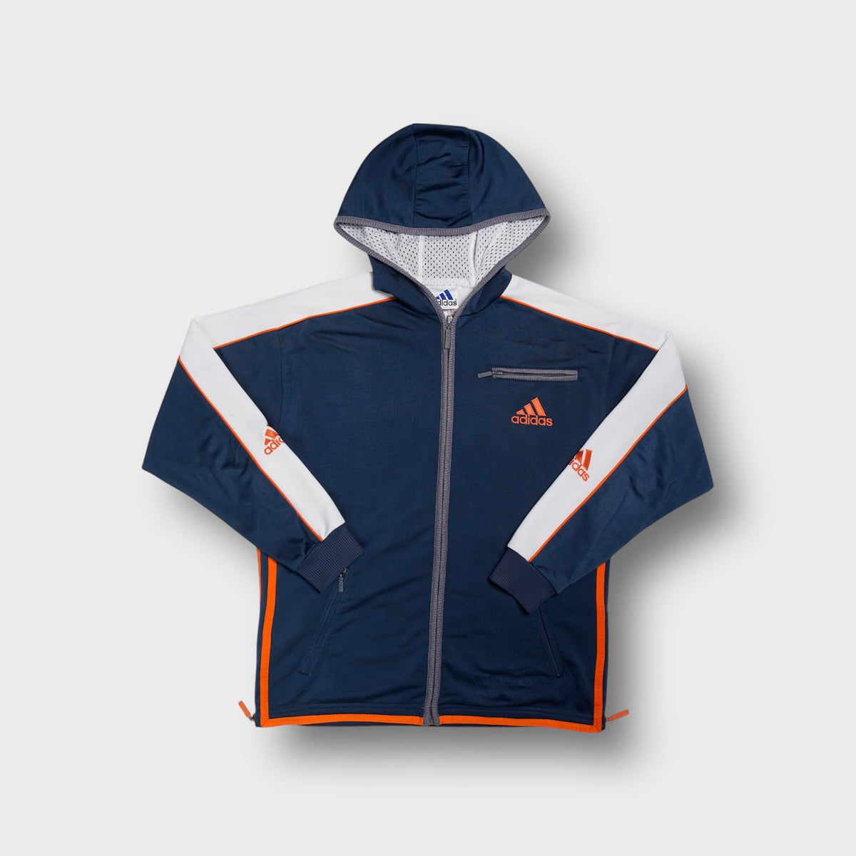 Navy blue Adidas hooded track jacket with orange embroidered logo and white sleeve panels