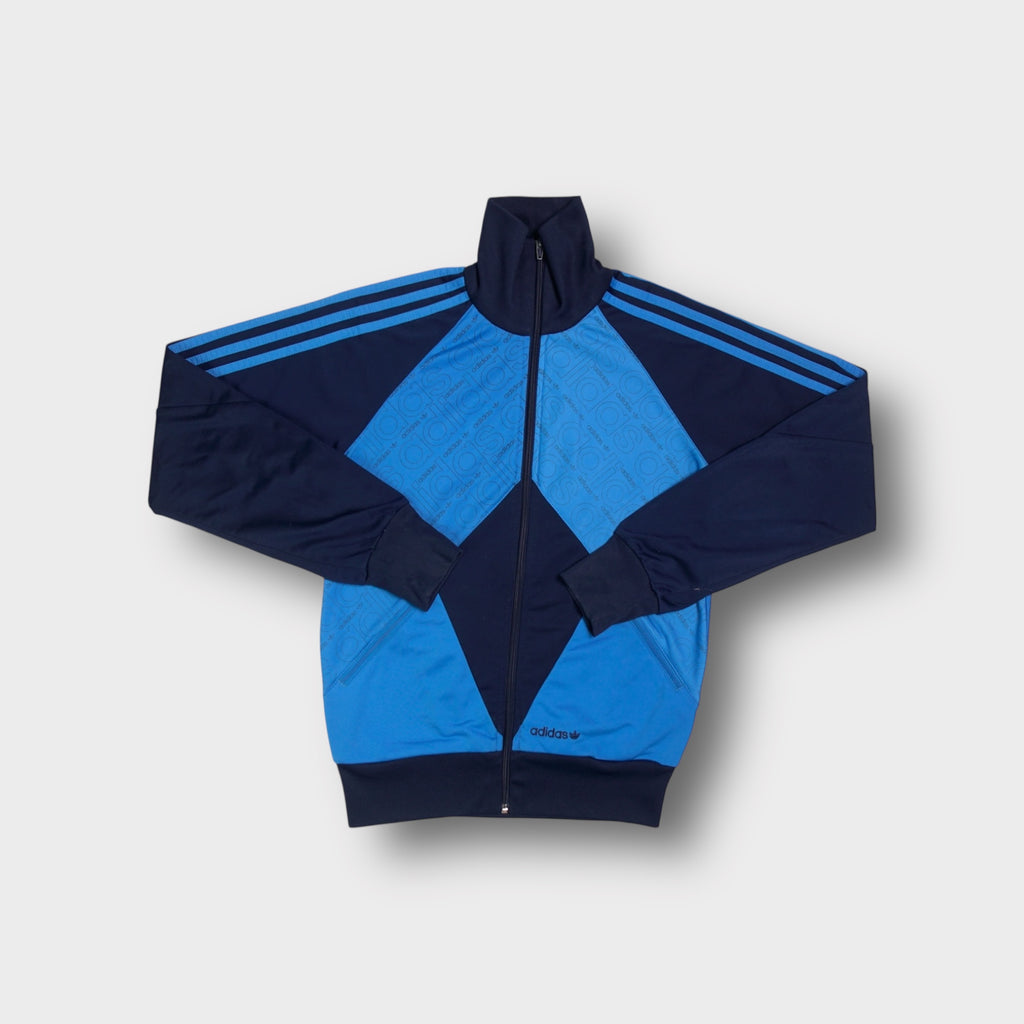 Adidas track jacket in two-tone blue with trefoil monogram pattern and high collar