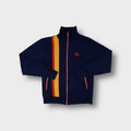 Ace Brand vintage track jacket in navy blue with vertical red and yellow chest stripes.