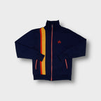 Ace Brand vintage track jacket in navy blue with vertical red and yellow chest stripes.