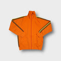 Mizuno track jacket in orange with yellow and black side stripes on sleeves