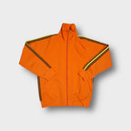 Mizuno track jacket in orange with yellow and black side stripes on sleeves