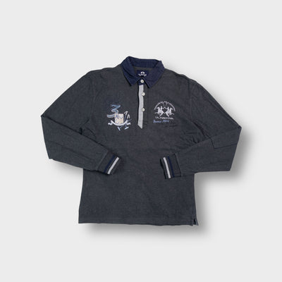 La Martina grey long-sleeve polo sweater with chest embroidery and blue collar