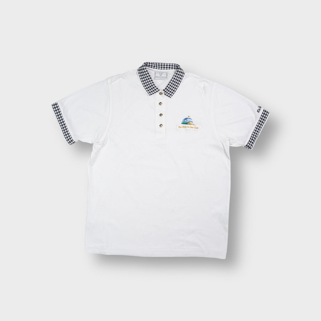Lyle & Scott polo shirt in white with houndstooth collar and golf embroidery