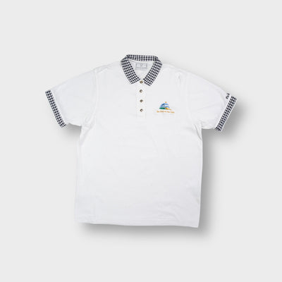 Lyle & Scott polo shirt in white with houndstooth collar and golf embroidery