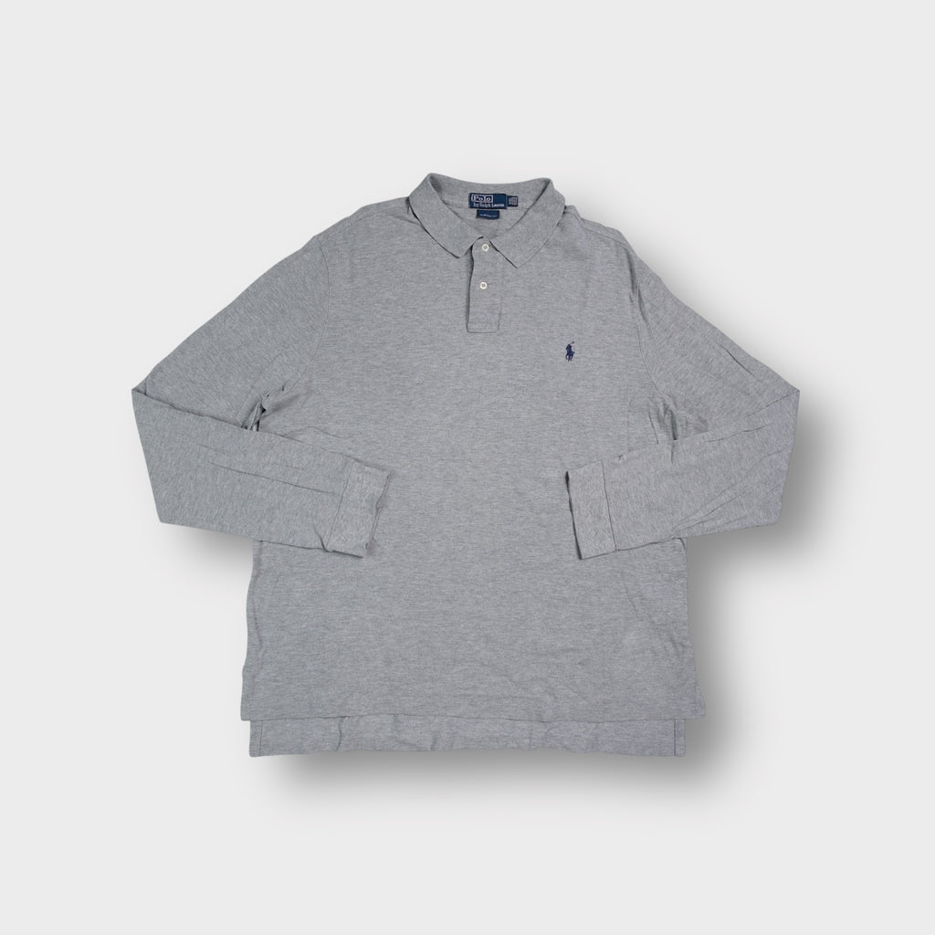 Grey Ralph Lauren long-sleeve polo sweater featuring a navy embroidered pony logo.