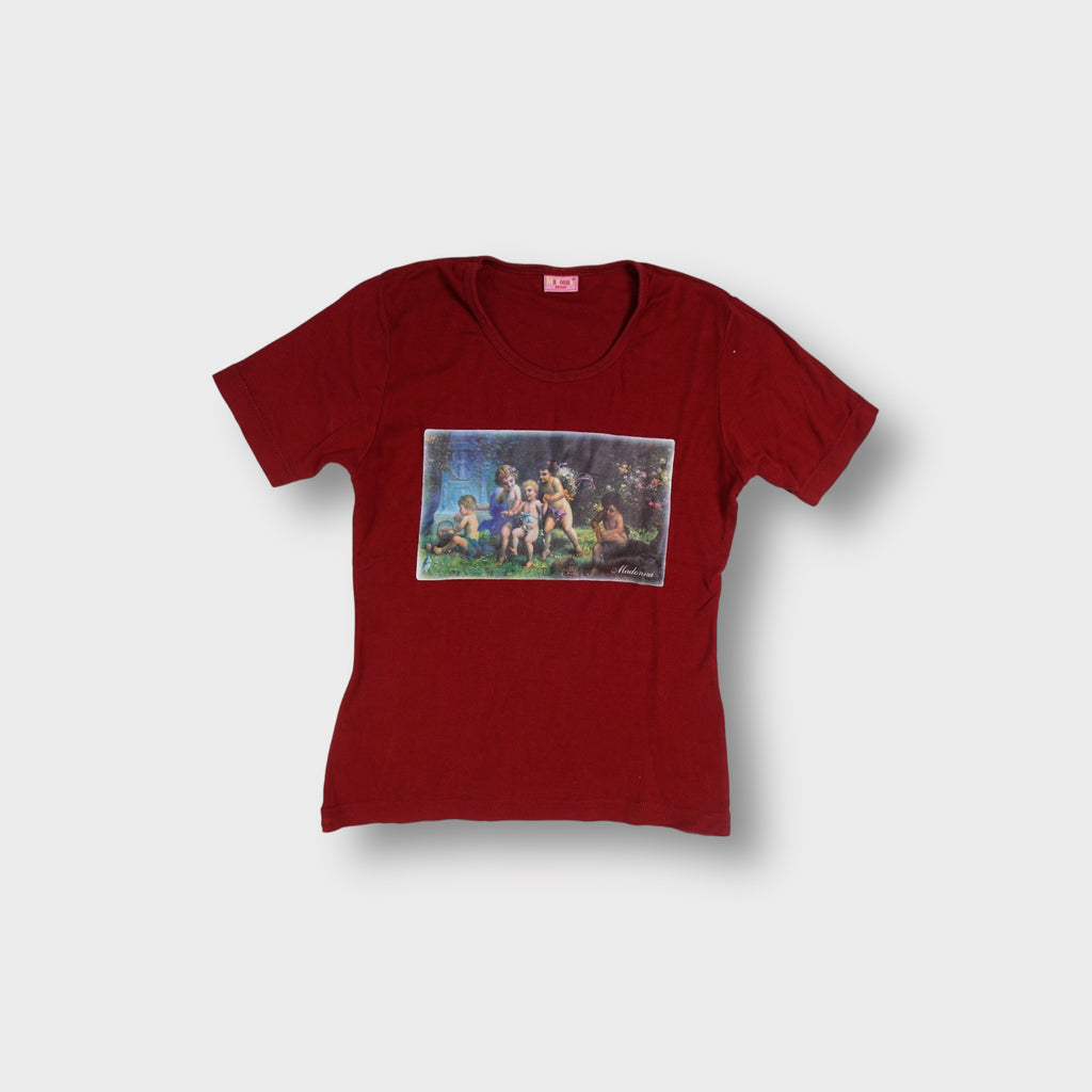 Madonna dark red short-sleeve shirt with a rectangular cherub painting print on the chest