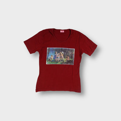 Madonna dark red short-sleeve shirt with a rectangular cherub painting print on the chest