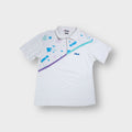 Fila polo shirt in white with a geometric graphic chest pattern and embroidered logo