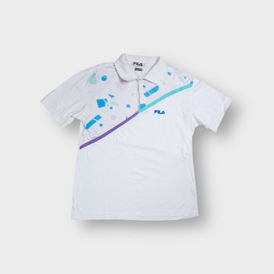 Fila polo shirt in white with a geometric graphic chest pattern and embroidered logo