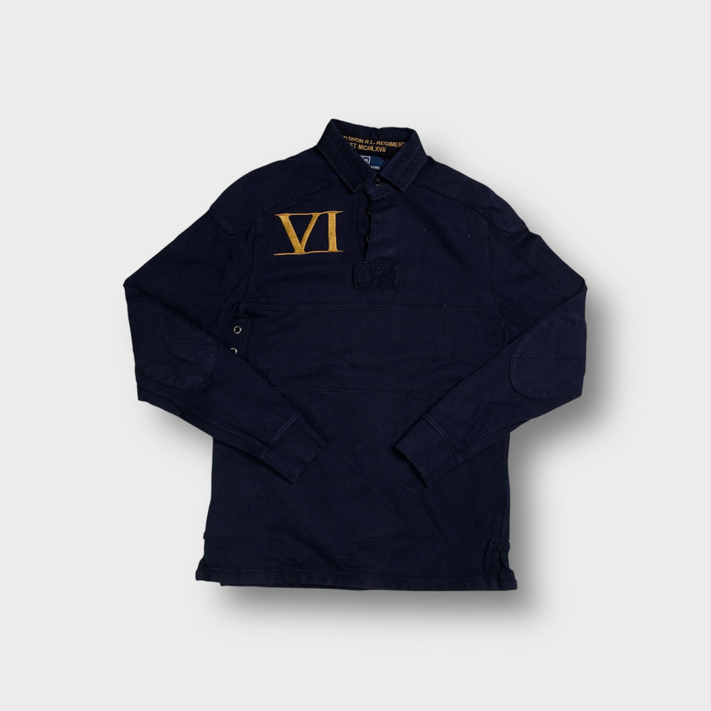 Ralph Lauren navy blue polo sweater with gold embroidered Roman numeral VI detail