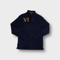 Ralph Lauren navy blue polo sweater with gold embroidered Roman numeral VI detail