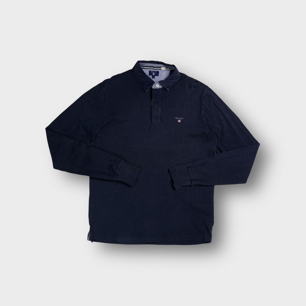 Gant long-sleeve polo sweater in navy blue with embroidered chest logo