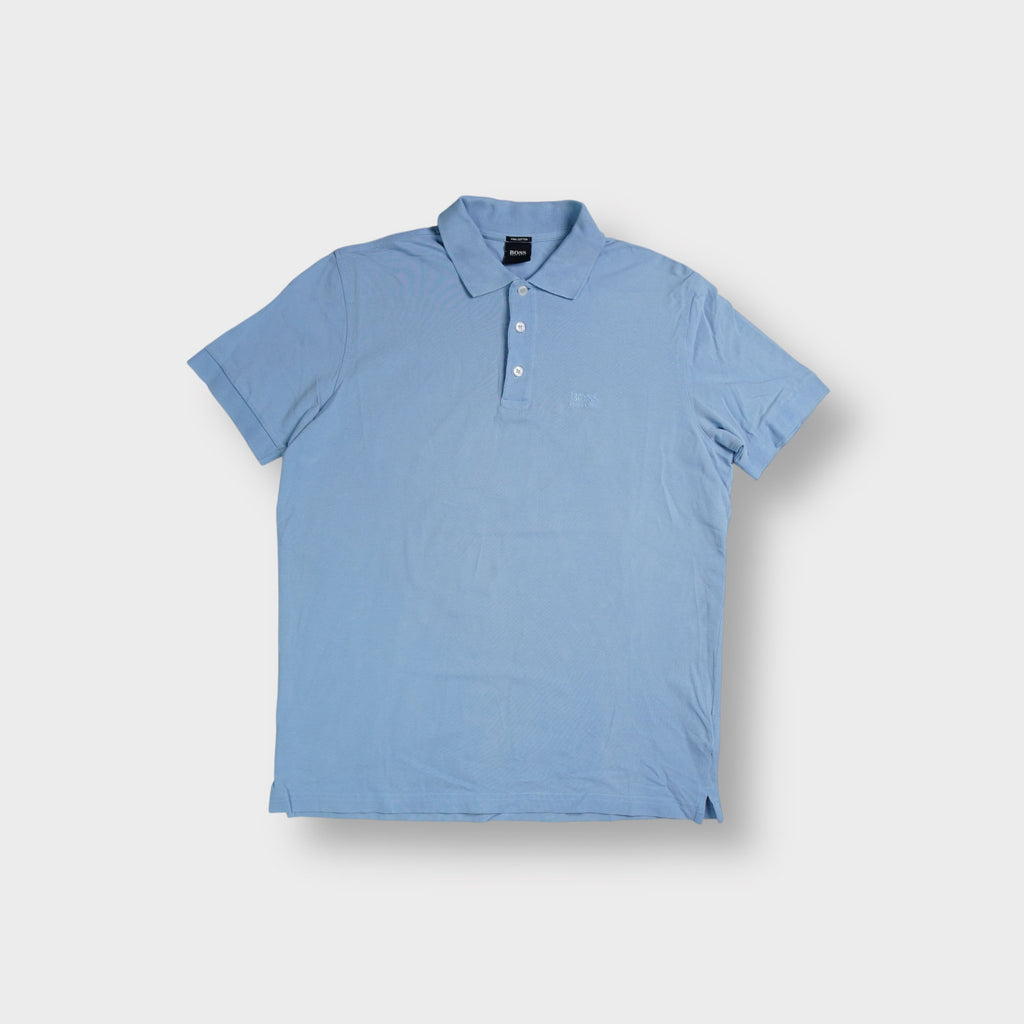 Hugo Boss blue polo shirt with tonal chest logo embroidery and three-button collar