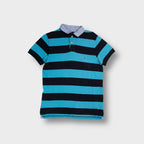 Tommy Hilfiger blue and black striped polo shirt with pinstriped collar and small chest logo.