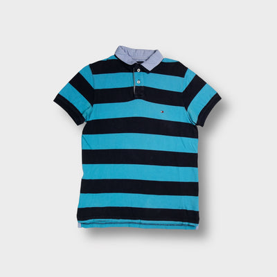 Tommy Hilfiger blue and black striped polo shirt with pinstriped collar and small chest logo.